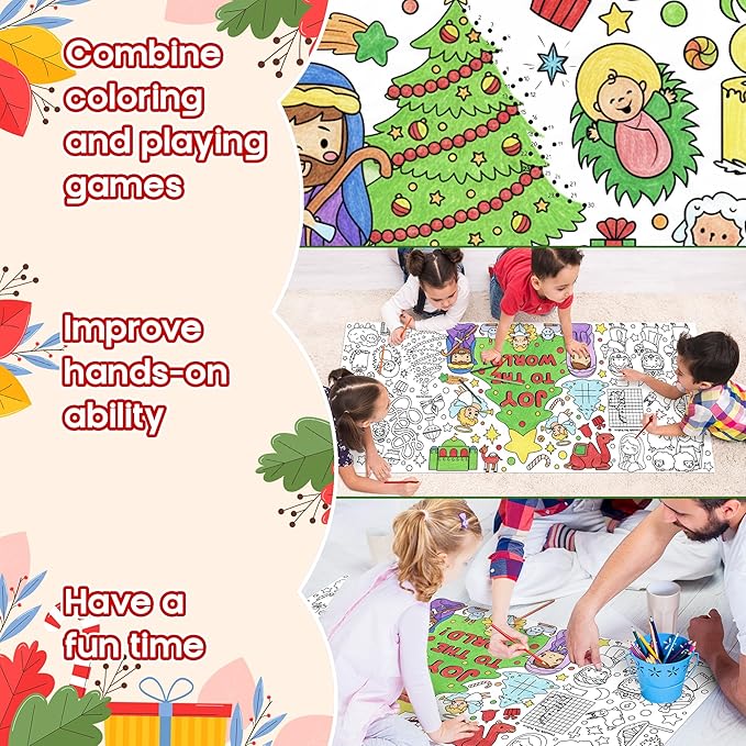 dvbonike jumbo christmas joy to the world coloring poster - nativity xmas tree games color-in paper blank doodle art banner 55.1 x 23.6 inch decor for kids school group activity home party supplies