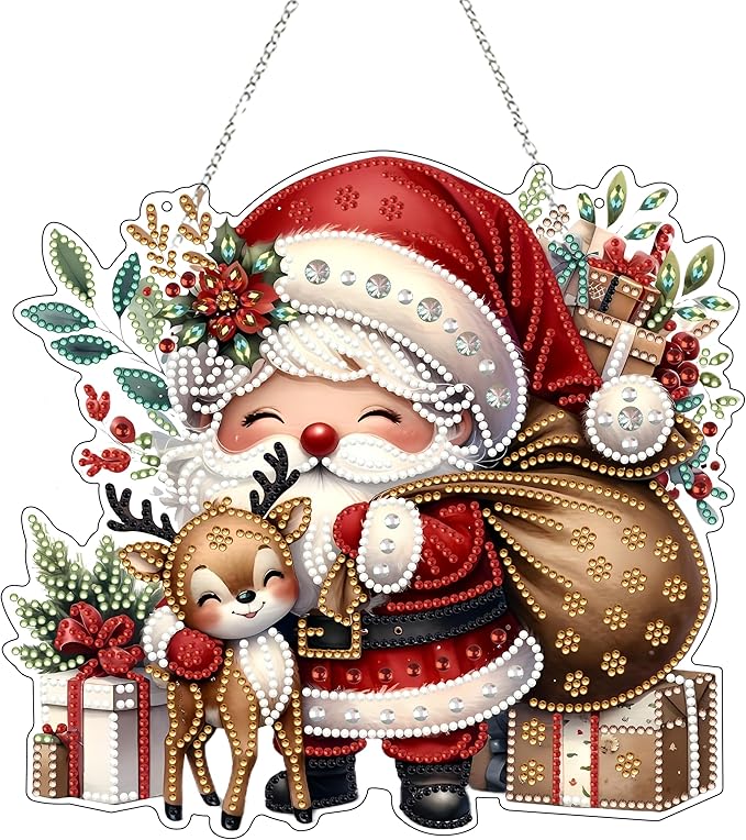 JJFox Diamond Art Hanging Kit for Adult,Special Shaped Rhinestone,DIY Acrylic Diamond Art Painting Window Pendants Home Garden Wall Hanging Kits Hanging Ornament,Double Sided (Father Christmas)