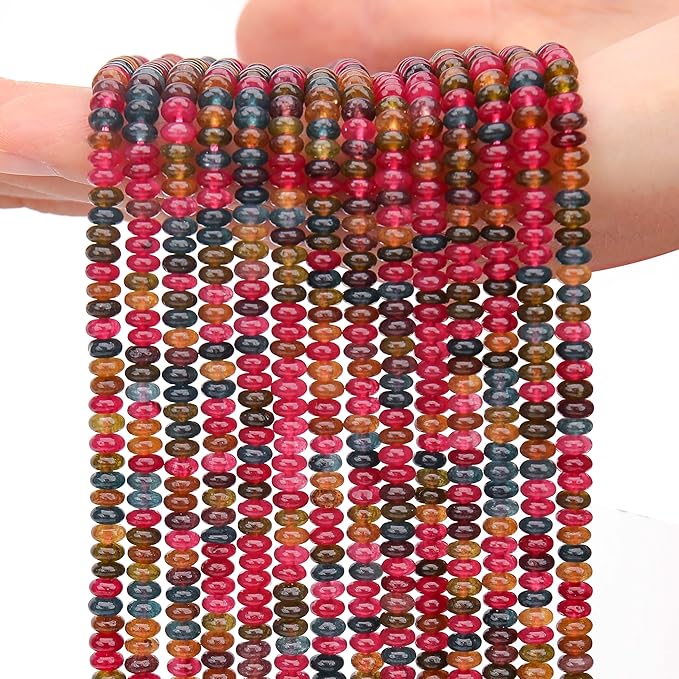 2 Strands (300PCs) Colorful Tourmaline Rondelle Beads, 2 * 4mm Gemstone Loose Spacer Abacus Disk Beads for DIY Bracelet Necklace Earrings Jewelry Making, Craft Supplies Beading Kit