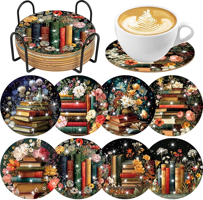 8 Pcs Book Diamond Art Coasters Kit with Holder and Cork Pads, Floral DIY Diamond Painting Coaster Kit for Adults Beginners, Round 4 Inch Drink Coasters Craft Set for Home Decor