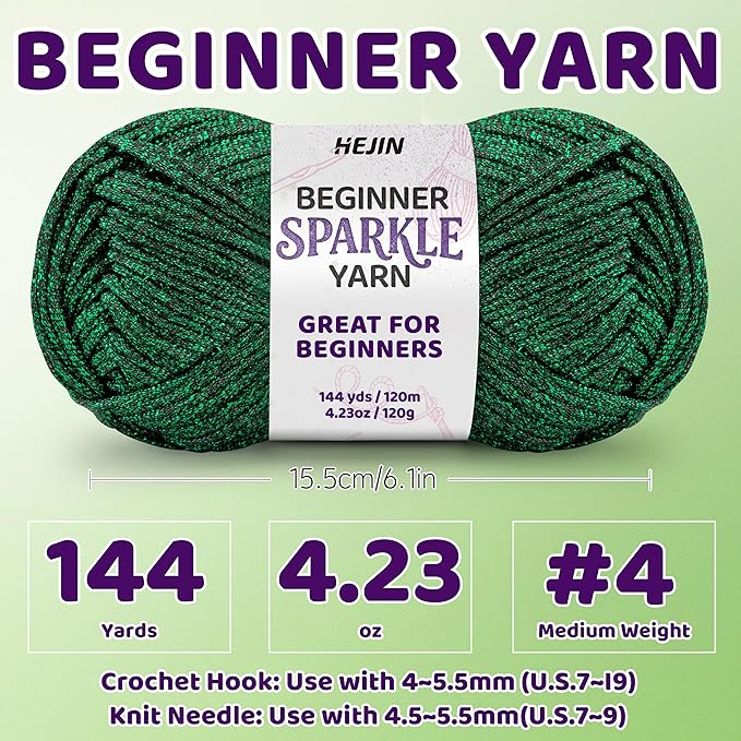 120g Green Sparkle Yarn for Crocheting and Knitting; 120m(144yds) for Beginners with Easy-to-See Stitches; Worsted-Weight Medium #4; Yarn for Beginners Crochet Kit Making