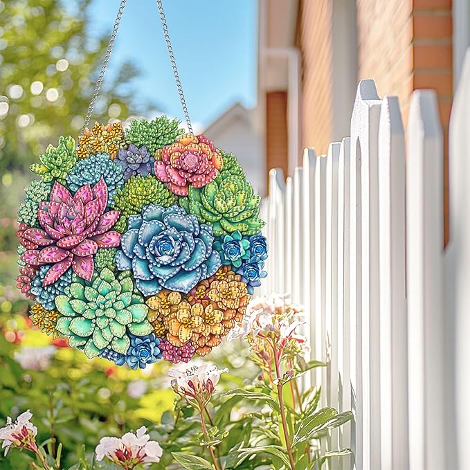 Wergund 5D DIY Succulent Diamond Art Hanging Kits, Hanging Diamond Art Plant, Acrylic Special Shaped Rhinestone, Window Hanging Pendants for Home Wall Garden Front Door Outdoor Decor Gift(Succulent)