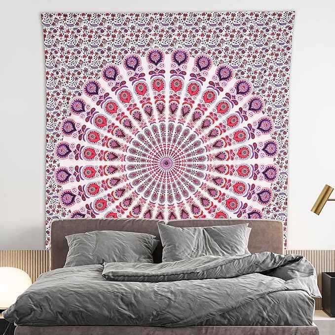 bless international handmade indian hippie bohemian psychedelic peacock mandala wall hanging college dorm beach throws table cloth bedding tapestry (pink blue, king(88x104inches)(225x265cms))