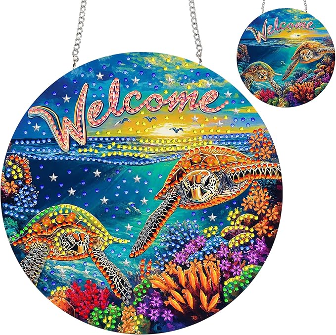 Hanging Diamond Art Ornament Sea Turtles Kits for Adults – Special Crystal Double Sided Pendant, Animal Diamond Painting Acrylic Board Window Pendants Home Garden Wall Hanging Decor 8x8 inch