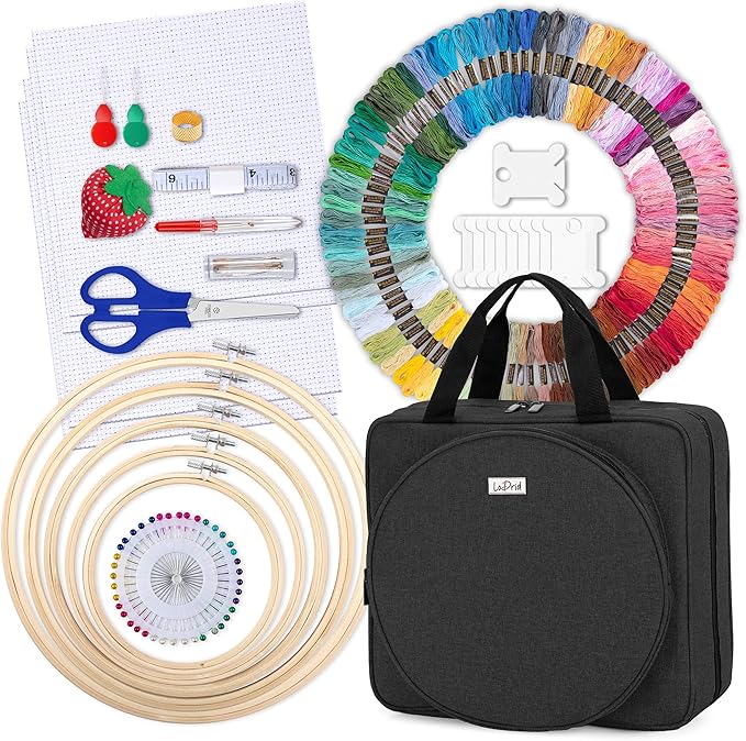 LoDrid Embroidery Kit, Embroidery Project Bag with Embroidery Kit, Portable Craft Carry Case with Starter Kit, Embroidery Supplies Storage Bag and Cross Stitch Kits for Beginners, Adults, Black