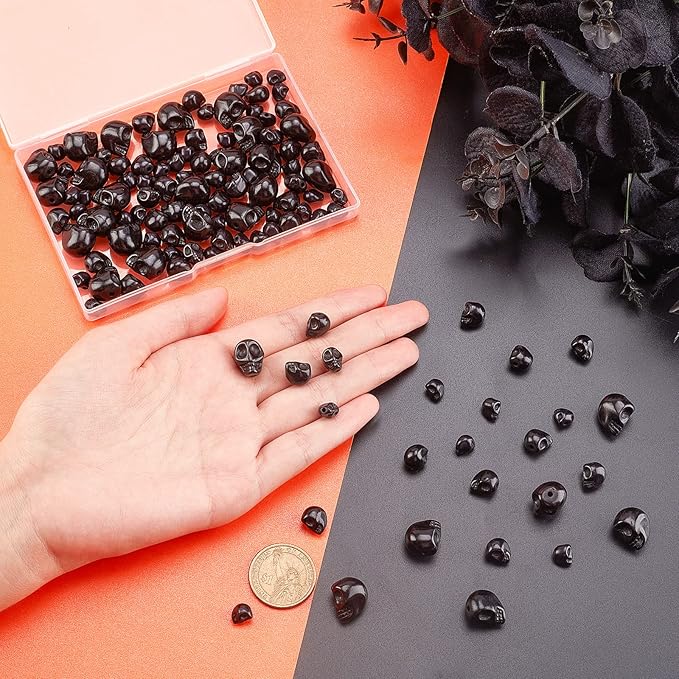 arricraft 120 Pcs 3 Sizes Black Skull Beads, Synthetic Turquoise Skull Shape Stone Loose Beads for Jewelry Making