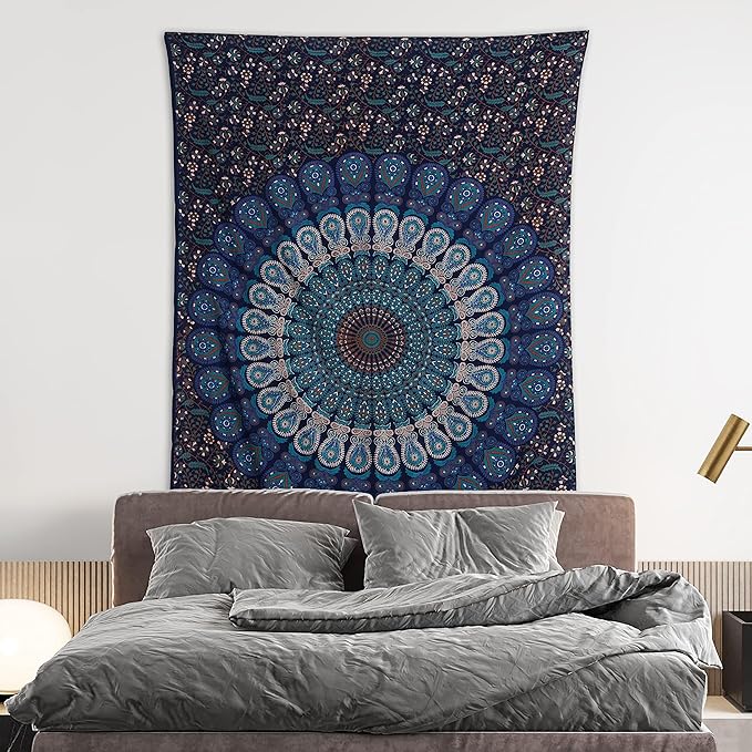 bless international handmade indian hippie bohemian psychedelic peacock mandala wall hanging college dorm beach throws table cloth bedding tapestry (blue green, twin(54x72inches)(140x185cms))