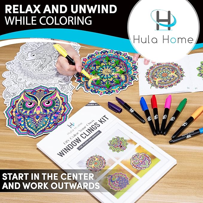 Hula Home Stained Glass Mandala Art Kit - Animal DIY Window Clings with Markers, 10 Suncatchers - Perfect Hobby for Adults, Kids, Teens & Seniors - Ideal Gift for Beginners, Women & Elderly - New