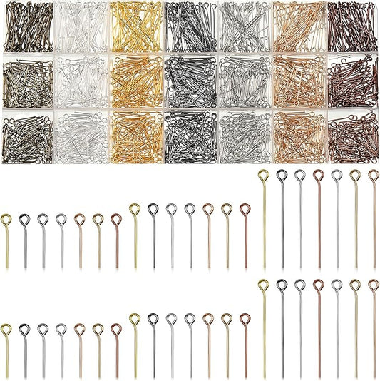 Junkin 1400 Pcs Eye Pins Mix Jewelry Findings 0.63 * 0.79 * 1.18 in Open Eye Head Pins Findings for Jewelry Making DIY Necklace Bracelets(Vintage Colors)