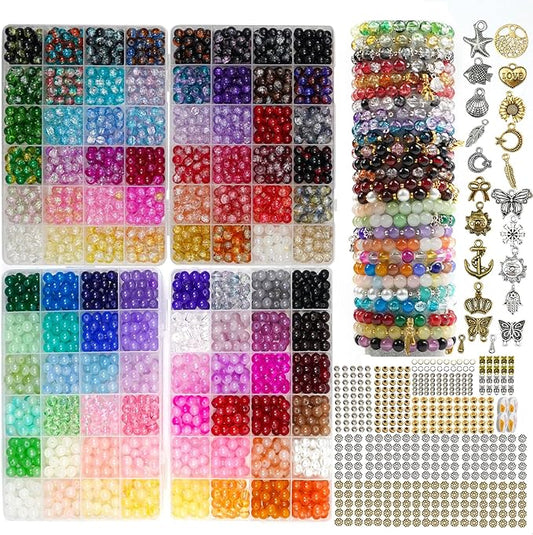 Hanyoung 8mm Glass Beads for Bracelet Making kit, 96 Colors 2900 pcs Crackle and Solid Beads Jewelry Making, Crystal Glass Round Beads for DIY Crafts Gifts (Solid & Crackle Color)