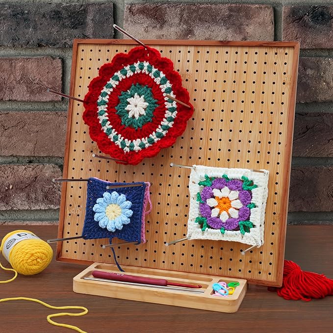 HHSarioneiro 11.8" Crochet Blocking Board with 16 Pins/Pegs, Granny Square Blocking Boards for Crochet Projects, Wooden Crocheting Accessories Gifts for Crocheters