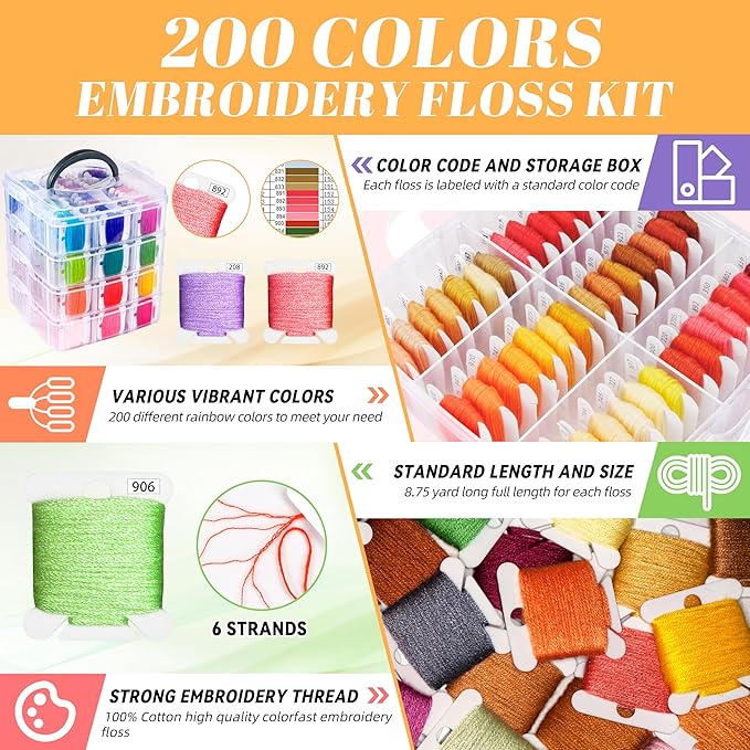 bymore 262 pack embroidery thread floss kit including 200 colors 8 m/pcs cross stitch sewing thread with floss bins and 62 pcs cross stitch tool,4-tier transparent storage box