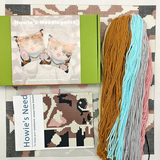 Howie's Needlepoint Needlepoint Kits for Adults Beginners, Furbish Cat Needlepoint Pillow Front Kit with Stamped Pattern on Canvas, Yarn, 2 Needles and Instruction, 16 x 16inch(Cute Cat)