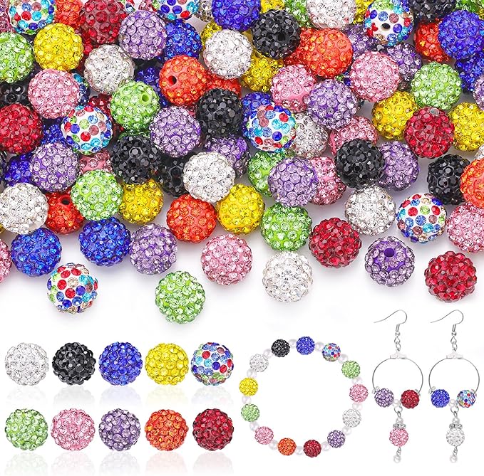100 pcs 10mm Rhinestone Beads for Jewelry Making, 10 Mixed Colors Shiny Round Shamballa Disco Beads, Sparkle Crystal Clay Christmas for Bracelet Baseball Necklace Earring Crafting and DIY