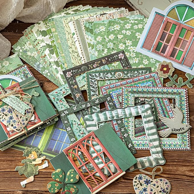 180 Pcs Floral Scrapbooking Paper & Animal Stickers, Embossed Scrapbook Window Frames, 4 Packs Junk Journal Scrapbooking Supplies Kit for Journaling, Embellishments, Card