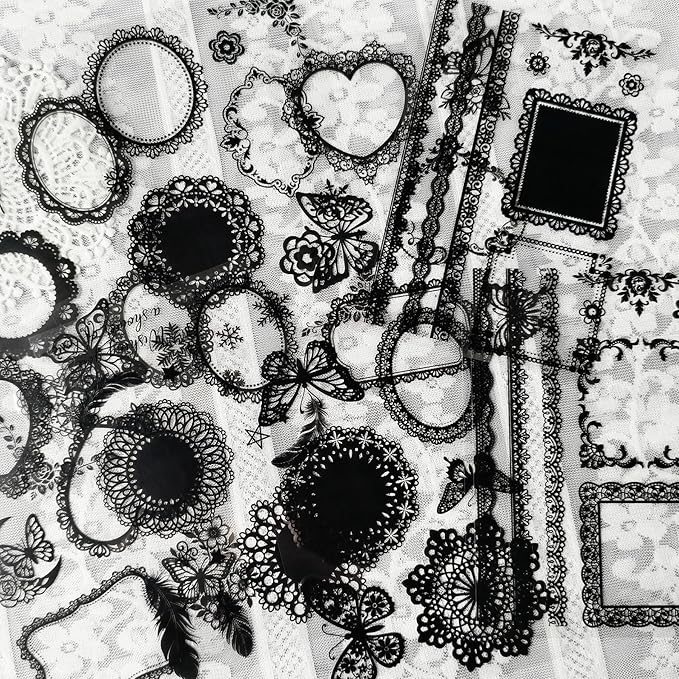 130 Pcs Vintage Black White Lace Scrapbook Stickers - Classic Butterfly Feather Heart Embellishments for DIY Journal Wedding Photo Album Craft Decor, Fade-Resistant Waterproof Reusable