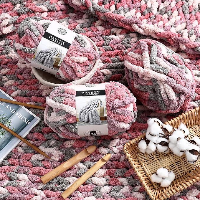 Chunky Chenille Yarn for Hand Knitting 8 Jumbo Pack Jumbo Chunky Yarn for Hand Soft Blanket Knitting, Bulky Thick Fluffy Yarn for Crocheting (Cherry Blossom)