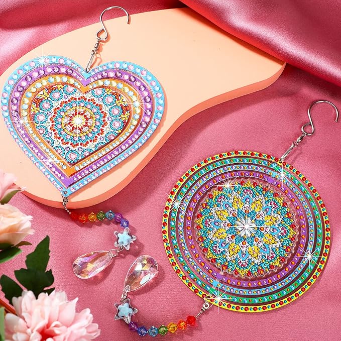 Queekay 2 Pieces 3D Diamond Painting Wind Chime Diamond Art Suncatcher Kits Three Dimensional by Number Hanging Ornament Double Sided Crystal Suncatcher Window Decor for Home Wall Garden(Heart)