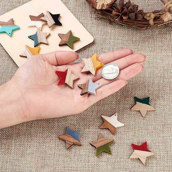 Beadthoven 18pcs/9 Pairs Natural Wood Resin Charms Small Star DIY Earrings Pendants Mixed Colors Wooden Pieces Pendants for Statement Jewelry Making Findings