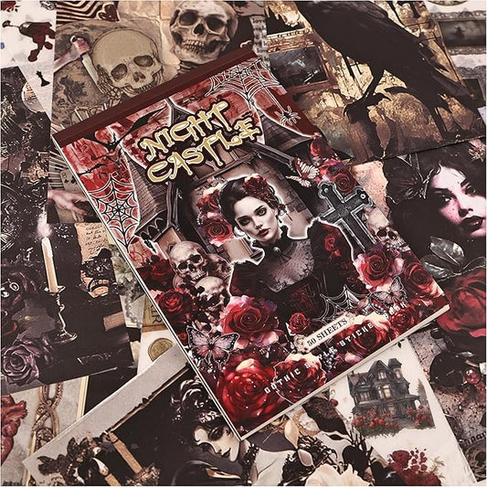 Halloween Stickers for Adults, 50 Sheets Precut Dark Aesthetic Gothic Scrapbook Washi Sticker Book for Junk Journal Supplies, Journaling, Scrap Book Suply