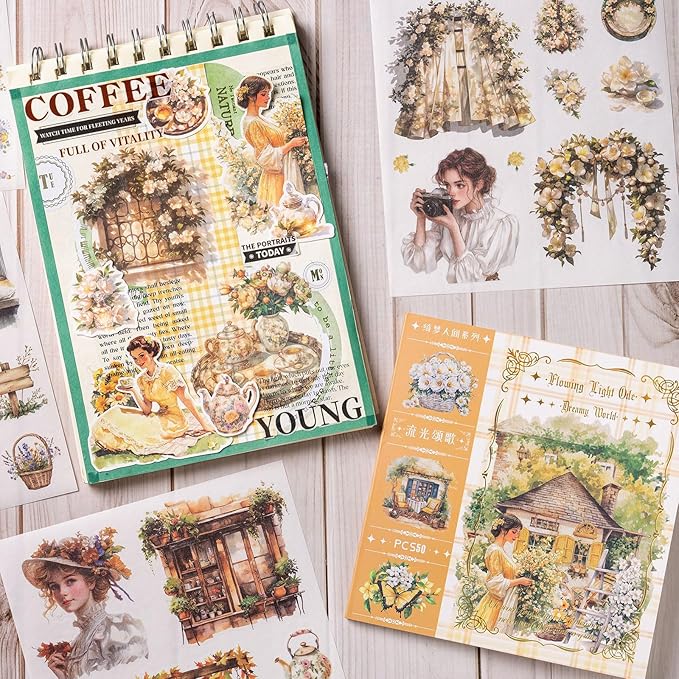Garden Journal Sticker Book, 50 Sheets Washi Junk Journaling Sticker, Scrapbook Supplies, Watercolor Scrapbooking for Adults, Yellow Decorative Ephemera Arts Craft