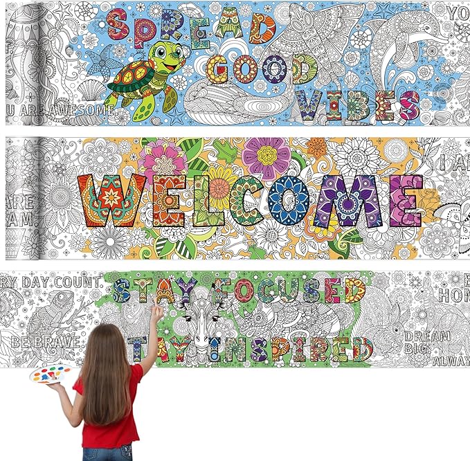 Janlaugh 3 Pack Mandala Giant Coloring Posters 9.8ft Large Coloring Sheet Jumbo Motivational Page Tablecloth DIY Drawing Paper Roll for Kids Adult Spring Summer Party Classroom Craft Team Art Activity