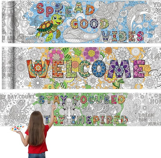 Janlaugh 3 Pack Mandala Giant Coloring Posters 9.8ft Large Coloring Sheet Jumbo Motivational Page Tablecloth DIY Drawing Paper Roll for Kids Adult Spring Summer Party Classroom Craft Team Art Activity