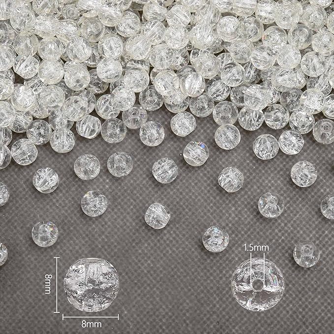 200PCs 8mm White Crackle Glass Beads Bulk, Round Smooth Hole Glass Crystal Beads for Jewelry Making, DIY Bracelets, Necklaces, Bag Charms, Keychains and Craft Projects
