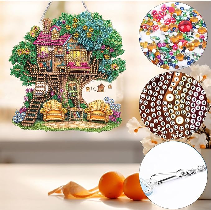 Bimkole Tree Diamond Art Hanging Kit for Adult, DIY 5D Diamond Art Houses Window Pendant, Acrylic Crystal Art Hanging Ornament Home Wall Garden Front Door Sign Outdoor Decor 7.8x7.8 Inch