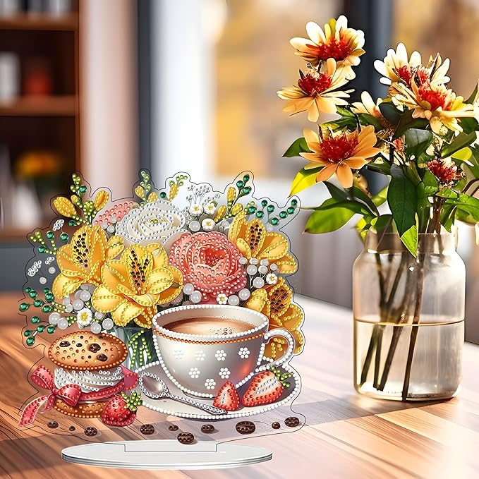 JJFox DIY Tabletop Diamond Art Painting Kit，Double Sided Desktop Ornament Special Shaped Rhinestone Desk Placement Ornament，Home Stand Up Gem Painting Craft Kit，Gift (Coffee and Flowers)