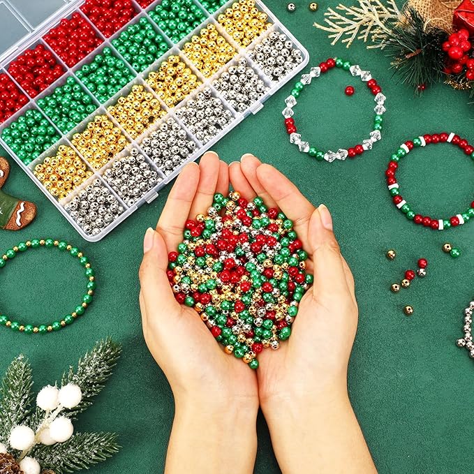 UPINS 1200Pcs Christmas Pearl Beads, Red Green Gold Silver Round 6mm Pearl Beads for Making Christmas Holiday Party Decoration Beads DIY Crafts Supplies