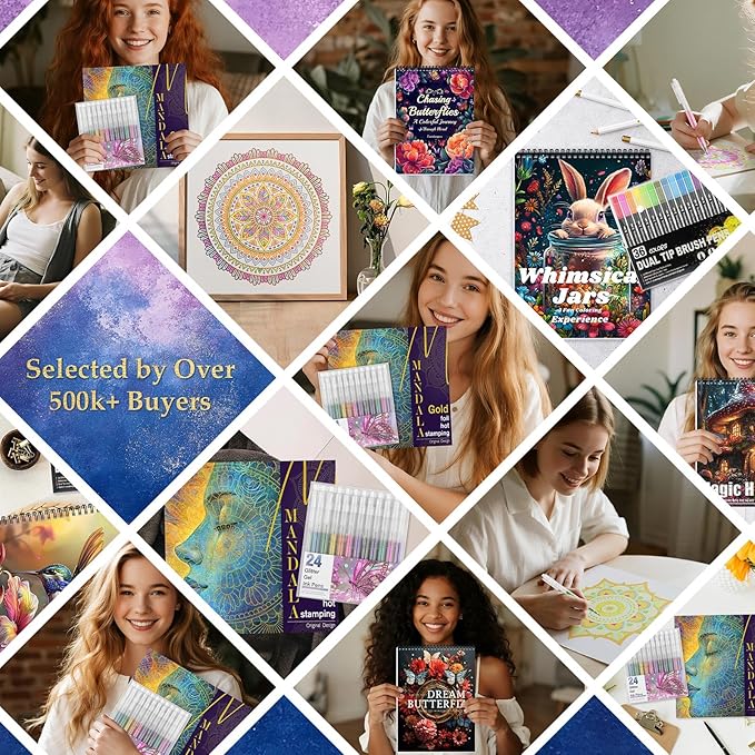 Mandala Adult Coloring Book for Women Relaxation, Gold Foil Mandala Coloring Book Set with 24 Colors Retractable Glitter Gel Pens, 12Pcs Premium Single-Sided Paper Mindfulness Gift Include Gift Bag