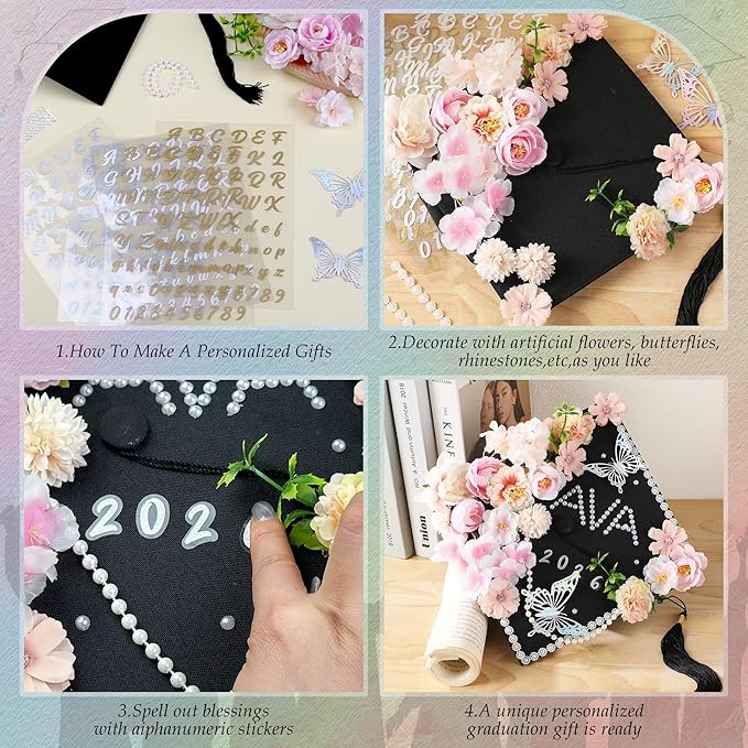 VISSTREE DIY Graduation Cap Decorations, 40 Pcs 2026 Grad Cap Topper Decorations Kit with Artificial Flower, Glitter Paper, 3D Butterfly, Pearls Alphabet Stickers, Lace for 2026 Graduate Supplies Gift
