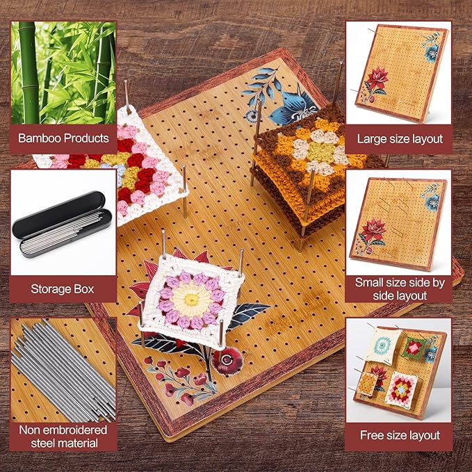 ULOI 13" Crochet Blocking Board - Upgraded Style with 4 Tension Rods and 20 Pegs – Blocking Boards for Crochet Projects, Ideal for Granny Square Card Deck Users (Crimson)