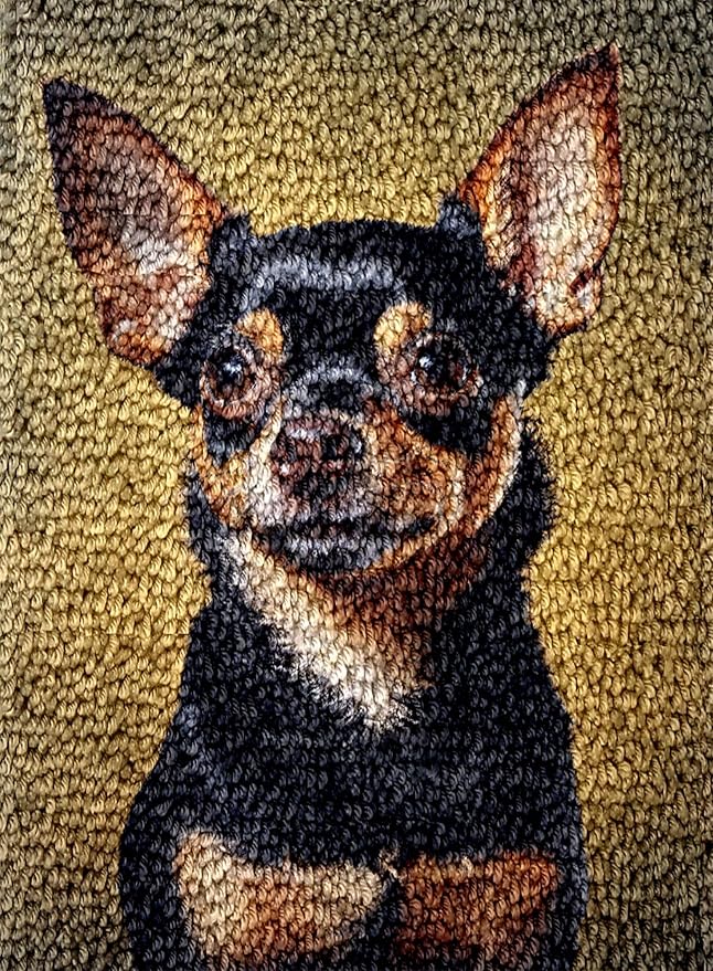 Little Black Chihuahua Dog Latch Hook Rug Kit for Adults DIY Carpet Cushion with Printed Canvas Crochet Yarn Craft Hook and Latch Tapestry for Home Decor Pets Warm Pads 52x38cm