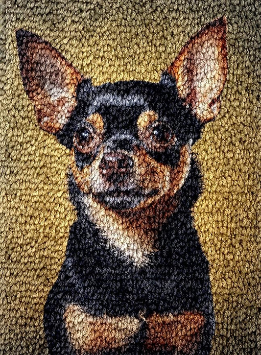 Little Black Chihuahua Dog Latch Hook Rug Kit for Adults DIY Carpet Cushion with Printed Canvas Crochet Yarn Craft Hook and Latch Tapestry for Home Decor Pets Warm Pads 52x38cm