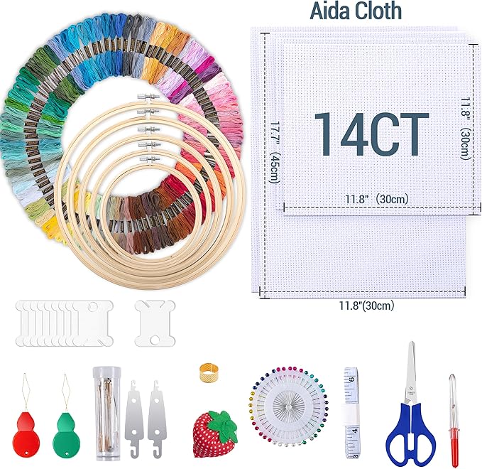 LoDrid Embroidery Kit, Embroidery Project Bag with Embroidery Kit, Portable Craft Carry Case with Starter Kit, Embroidery Supplies Storage Bag and Cross Stitch Kits for Beginners, Adults, Black