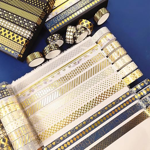 YUBBAEX 18 Rolls Black Gold Washi Tape Set Basic Patterns Foil Print Decorative Tapes for Arts, DIY Crafts, Bullet Journals, Planners, Scrapbook, Wrapping (15mm) (Black Gold Pack x 18 Rolls)