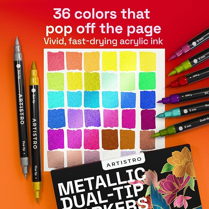 ARTISTRO 36 Metallic Acrylic Paint Markers - Paint Pens for Drawing, Brush + Fine Tips - For Fabric, Rock, Glass, Wood, Eggs - Art & Craft Supplies for Adults, Teens, Kids - Easter Basket Stuffers