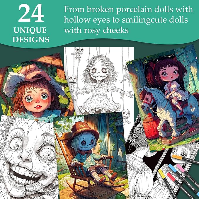 Horror Coloring Book for Adults Relaxation, 24 Pages Adult Coloring Books for Women Stress Relief, Spiral Bound Coloring Books, Relaxing Gift for Women, Single-Sided Coloring Book of Scare Style