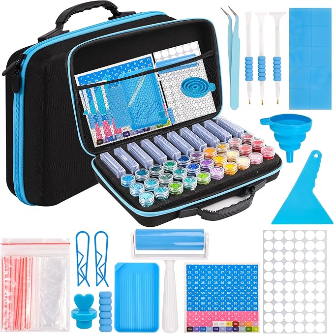 MERATIA Diamond Painting Storage Container, Diamond Art Kits for Adults Stackable Bead Organizer with Carrying Handle, Craft Storage Box with Accessories (Blue-10 Square+30 Round Bottles)