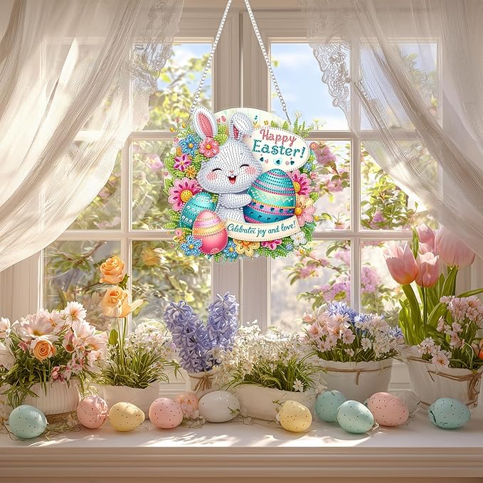 Yunzlly DIY Hanging Easter Diamond Art Pendant Kit, Special Crystal Double Sided Diamonds Painting Ornament Kit for Adults, Acrylic Gem Painting Board for Window&Door&Wall (Happy Bunny)