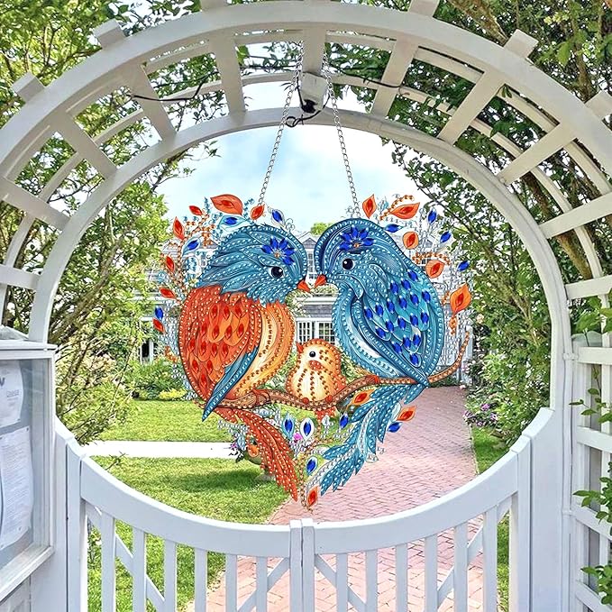Wergund 5D DIY Bird Diamond Art Hanging Kits, Hanging Diamond Art Family, Acrylic Special Shaped Rhinestone, Window Hanging Pendants for Home Wall Garden Front Door Outdoor Decor Gift(Bird)