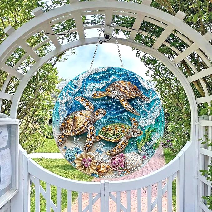Wergund 5D DIY Sea Turtle Diamond Art Hanging Kits, Hanging Diamond Art Animal, Acrylic Special Shaped Rhinestone, Window Hanging Pendants for Home Wall Garden Front Door Outdoor Decor Gift