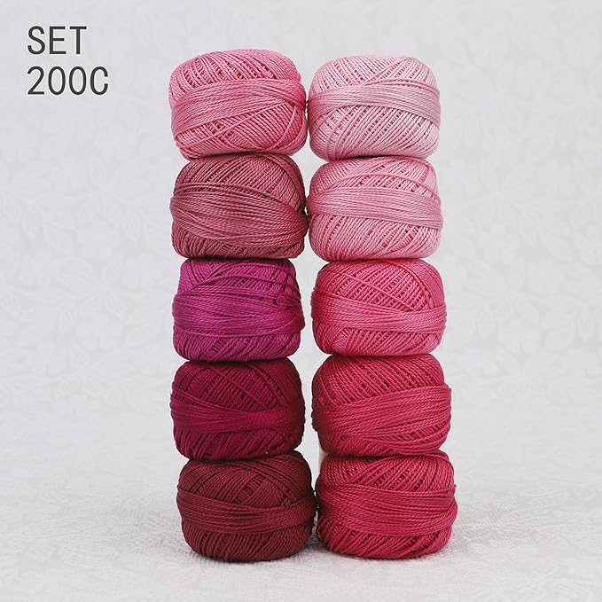 Size 8 Double Mercerized Egyptian Long Staple Cotton Pearl Thread Ball 5 Grams Rainbow Color Embroidery Thread 10 Colors per Box for Crochet Hardanger Cross Stitch Hand Embroidery (Set C)