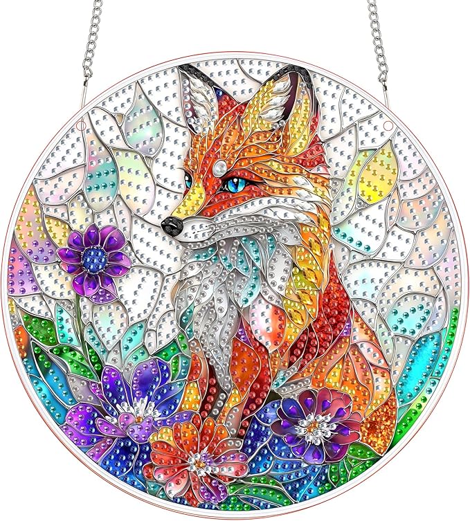 SKRYUIE Fox Hanging Diamond Art Kits for Adults Pendant Suncatcher, Special Shaped Crystal DIY Pearl Diamond Painting Kit, Gift for Mother Spring Summer Window Wreath Decor 7.48 x 7.32 Inch A35