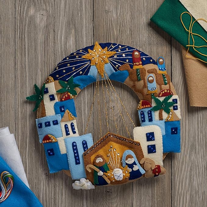 Bucilla Felt Applique Wreath Town of Bethlehem, Size 13 x 12.5-Inch, Blue, Brown, Gray