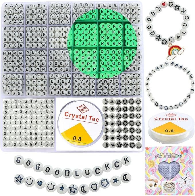 nikkiGuo 1250 PCS Letter Beads Kit with Elastic Cord – Alphabet A–Z, Numbers, Heart, Moon, Star, Smiley Beads for Friendship Bracelets & DIY Jewelry (Glow in The Dark & Black Letters)