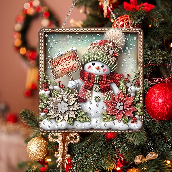 Diamond Art Hanging Kit for Adult,Special Shaped Rhinestone,DIY Acrylic Diamond Art Painting Window Pendants Home Garden Wall Hanging Kits Hanging Ornament,Double Sided. (Christmas Snowman-1)