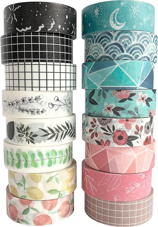 zynshe washi tape set of 16 rolls of 15 mm wide cute decorative washi tape for journaling, scrapbook, washy crafts, bullet journals, planners, diy décor, gift wrapping, craft supplies (serenity)